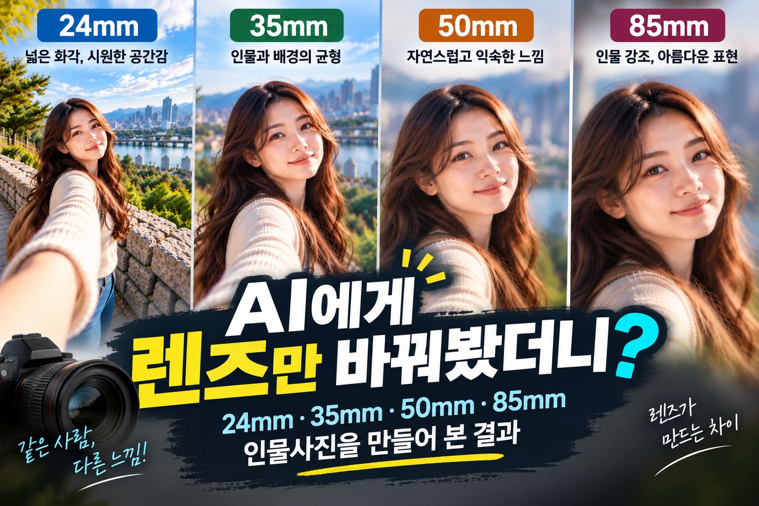 AI에게 24mm·35mm·50mm·85mm 렌즈를 지정해 인물사진을 만들어 본 결과 썸네일