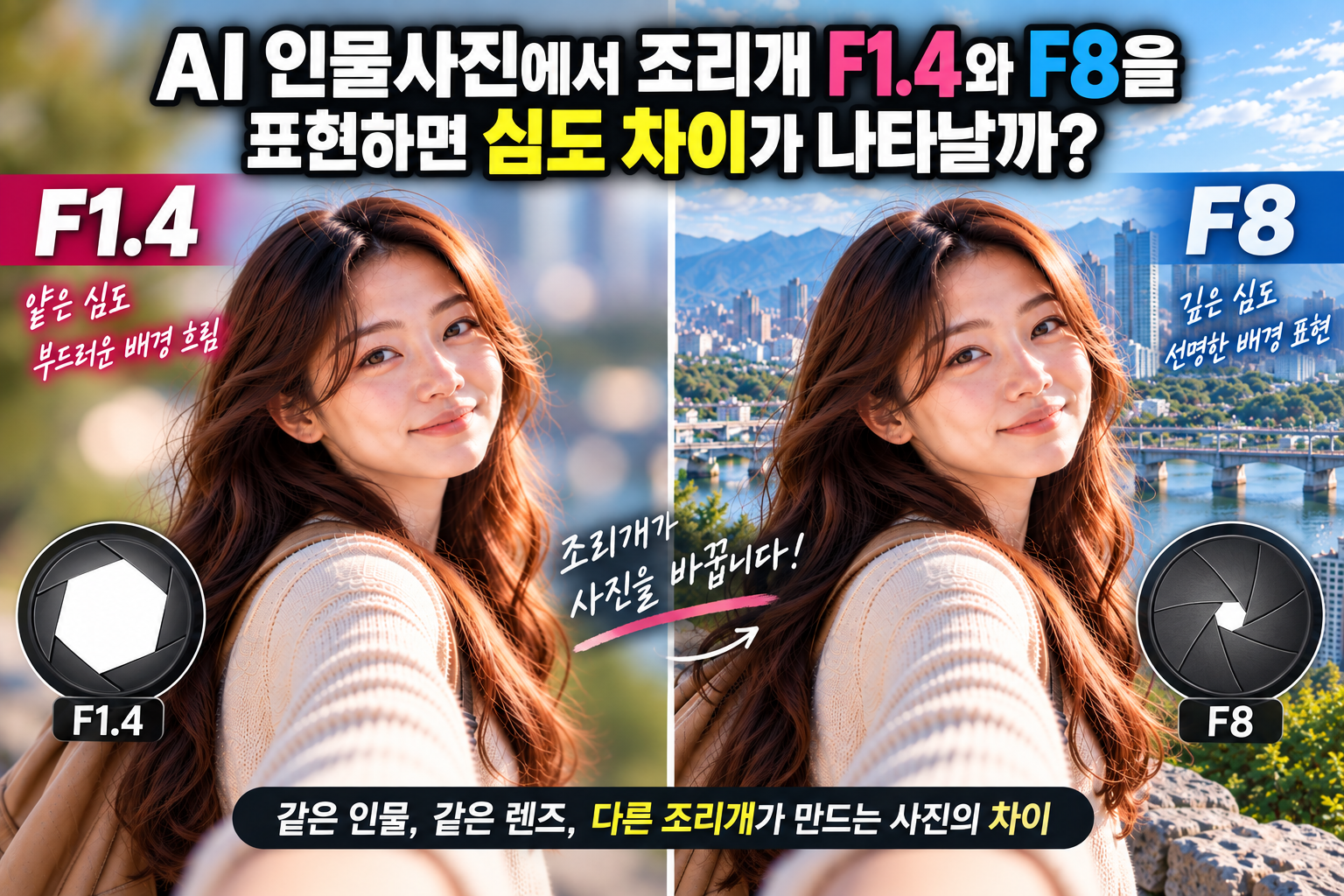 AI 인물사진에서 조리개 F1.4와 F8을 표현하면 심도 차이 썸네일